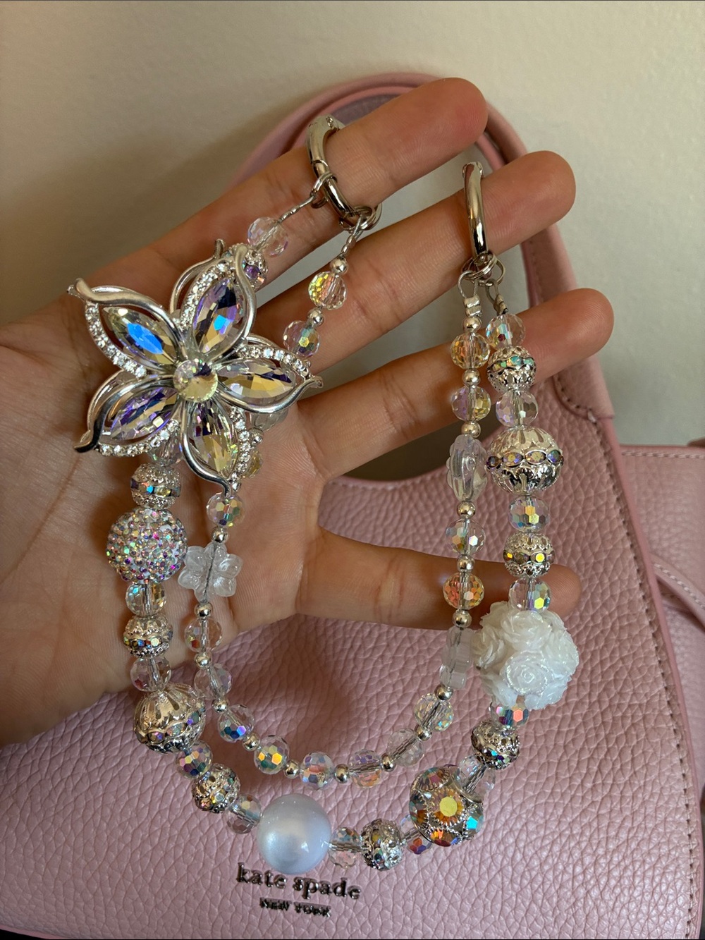 Clear Iridescent Crystal Flower Charm Beaded Bag Chain - Picture 3 of 3